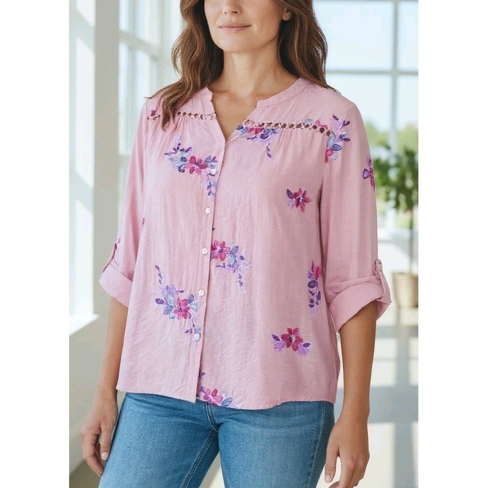 NWT Anthropologie Kindred Pink Embroidered Crochet Boho Buttoned Top Tunic 2X